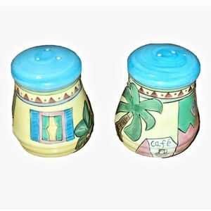 Hand Painted Ceramic Salt & Pepper Shakers 3.5", Carribean Cafe Cabana Art Deco